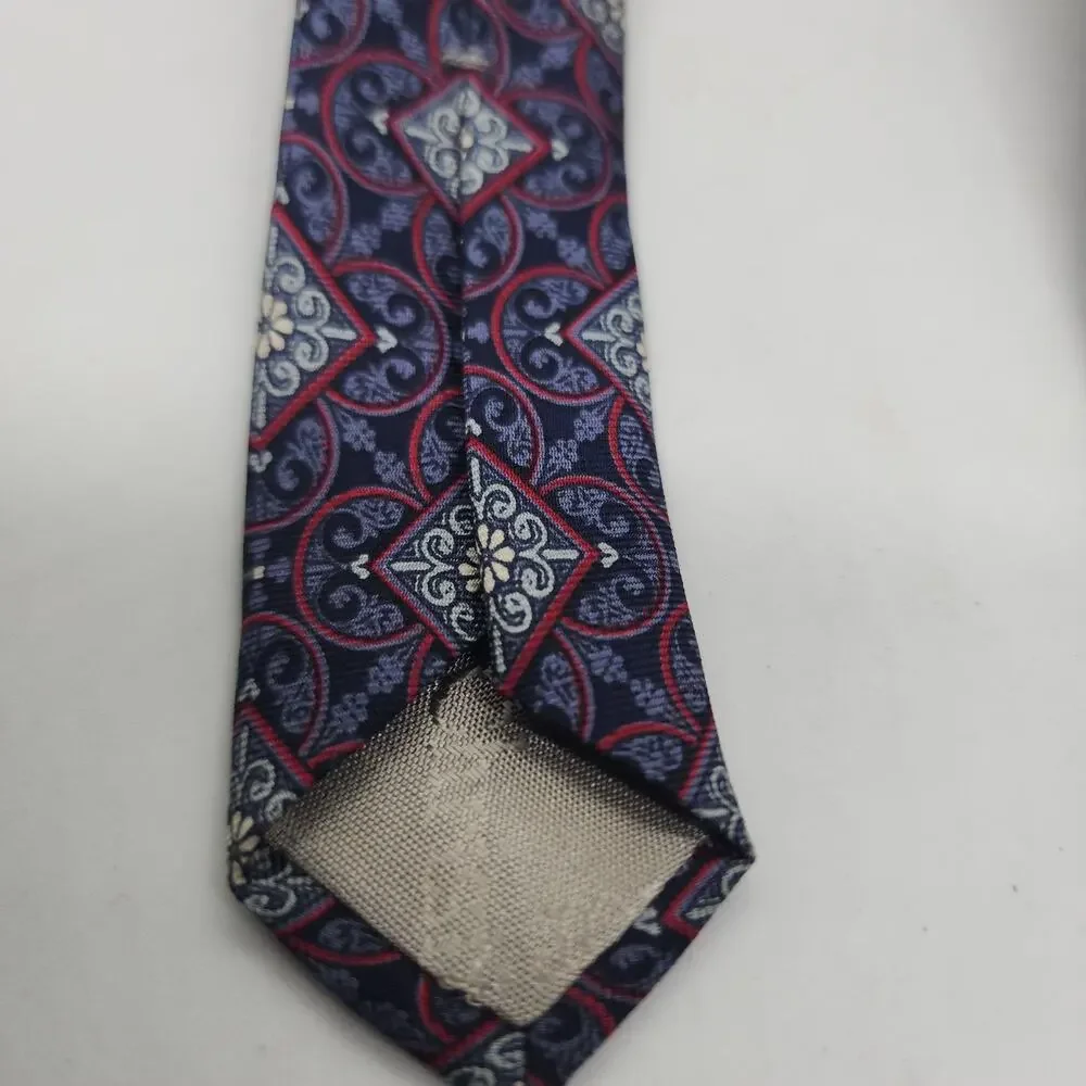 Christian Dior Tie Mens Blue Silk Geometric Medallion Pattern Classic Necktie